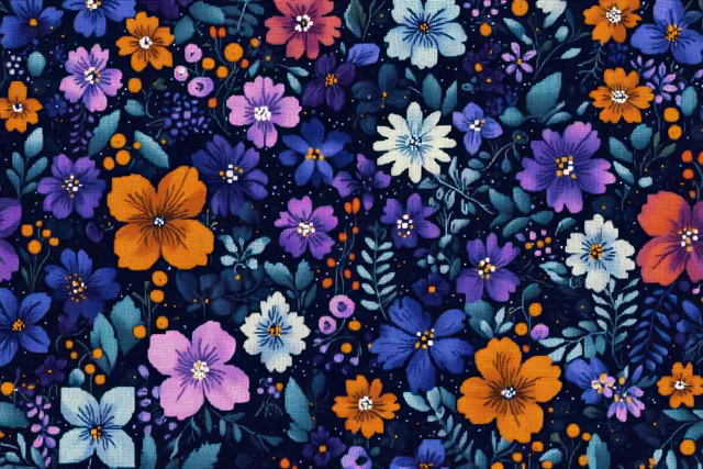 Orange, purple, pink, and white flowers with green leaves form a repeating pattern on a dark background.