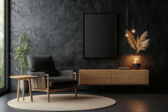 Black armchair and wooden sideboard against a dark textured wall with a warm table lamp and minimal decor.