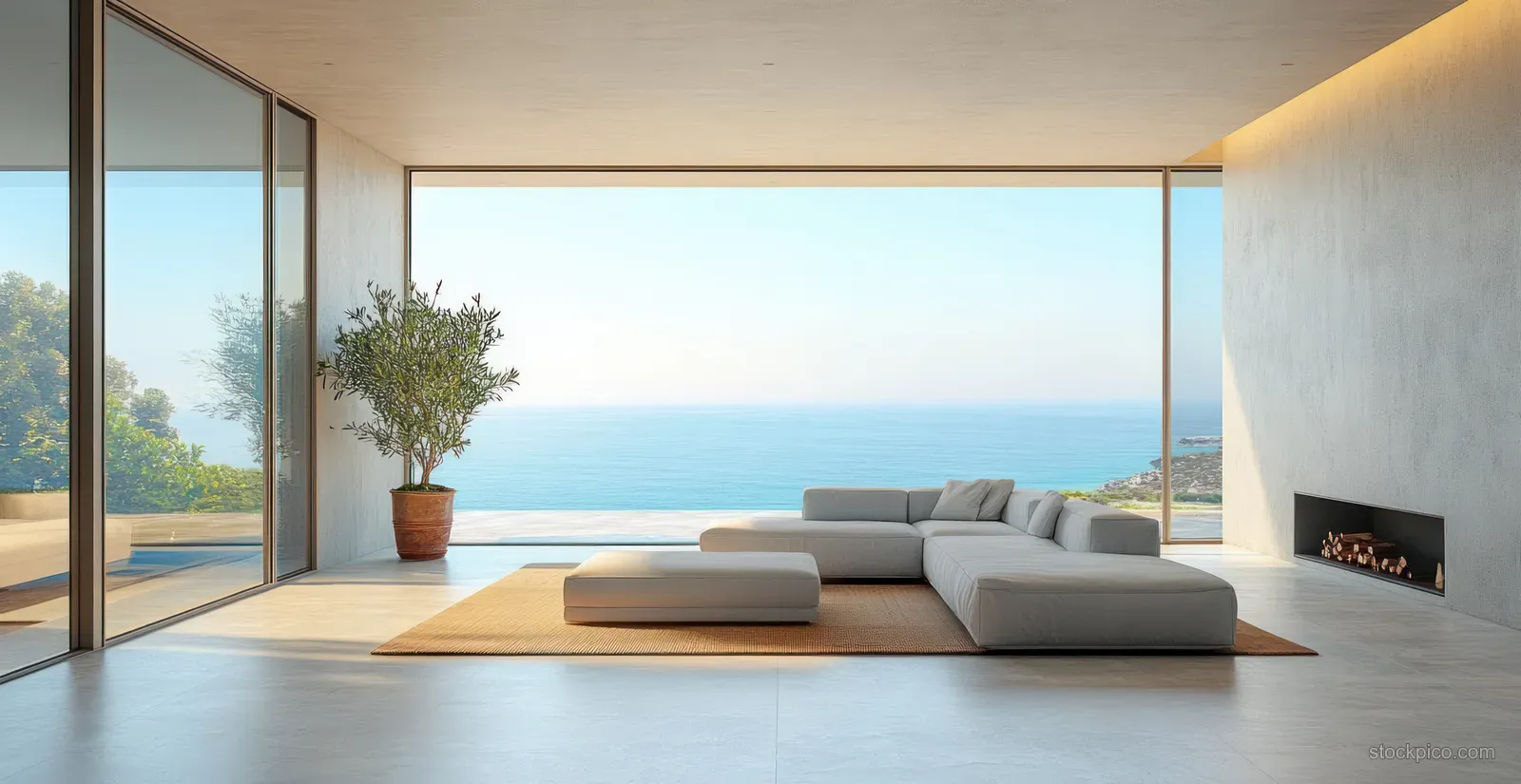 Minimalist living room with built-in fireplace, large glass windows, indoor plant, and panoramic ocean horizon.