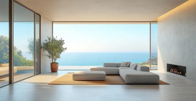 Minimalist living room with built-in fireplace, large glass windows, indoor plant, and panoramic ocean horizon.