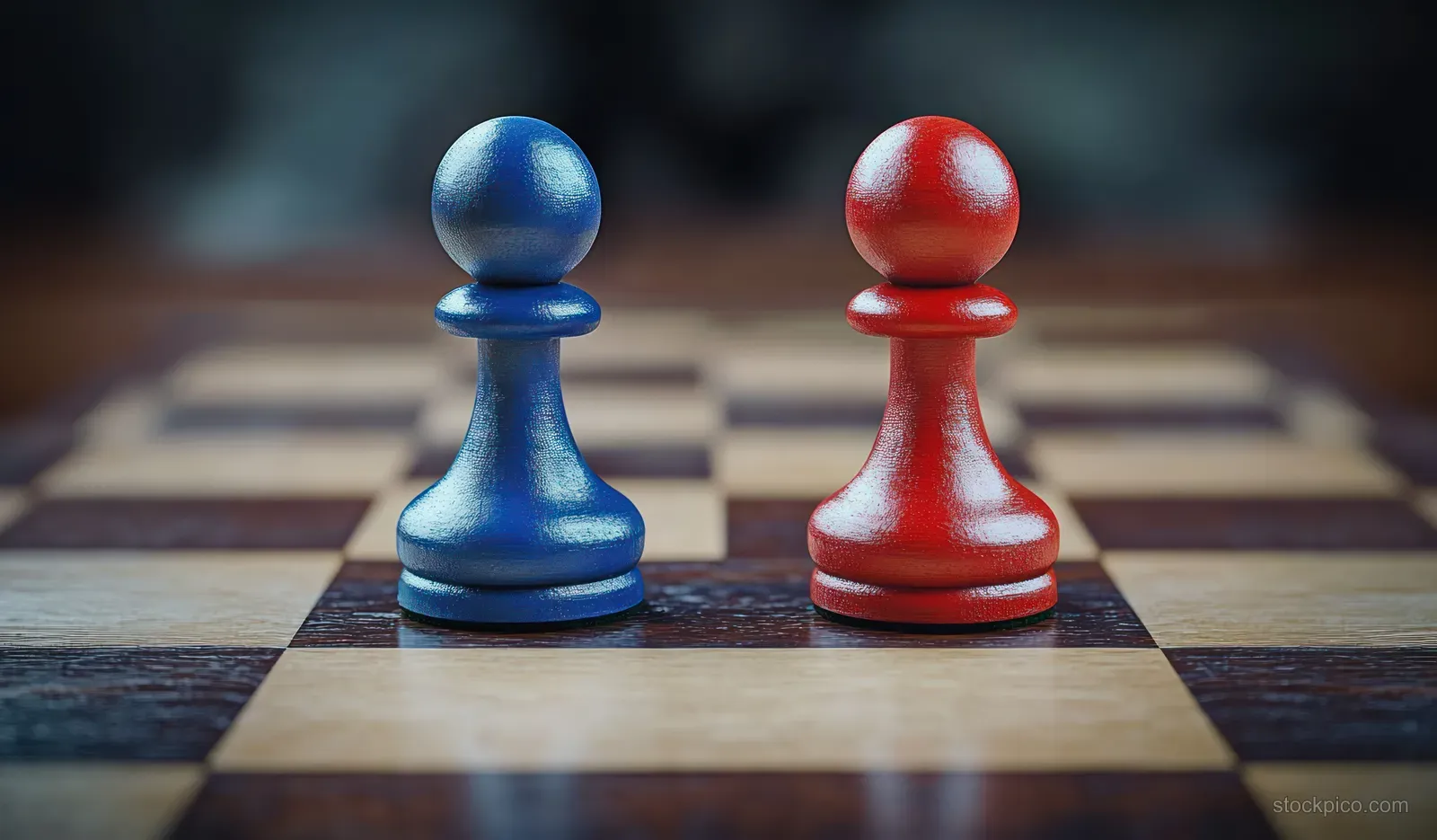 Blue and red chess pieces face each other on a chessboard under dramatic lighting.