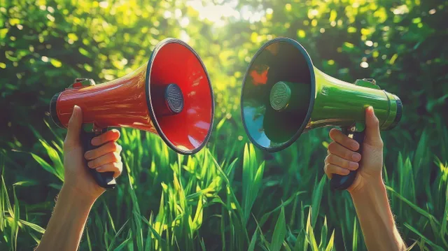 Two hands facing each other holding red and green megaphones in sunlit grass