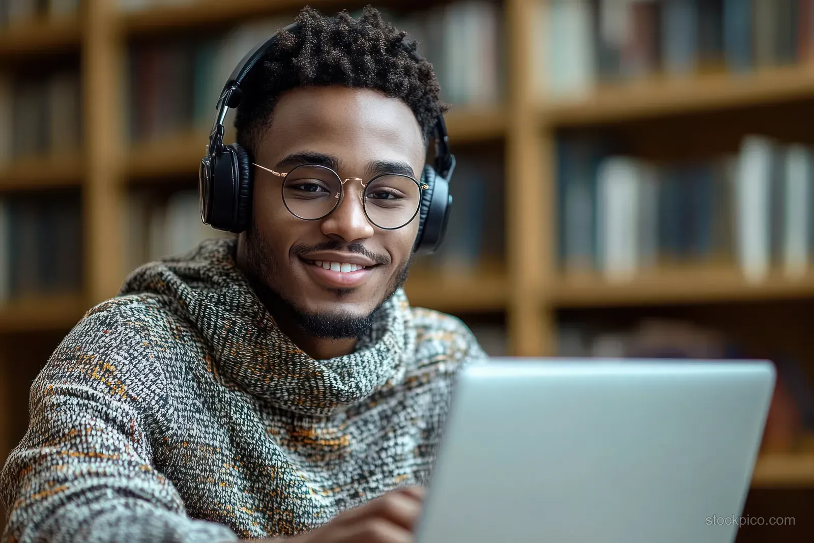 A young man with glasses and headphones smiles while using a laptop in a library with books in the background.