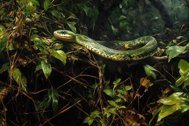 Green snake slithering through dense leafy undergrowth on a forest floor with branches overhead.