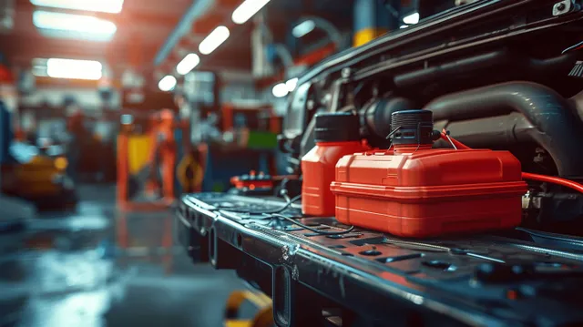 Mechanic’s diagnostic setup beside a red car battery on a workshop workbench with tools in the background.