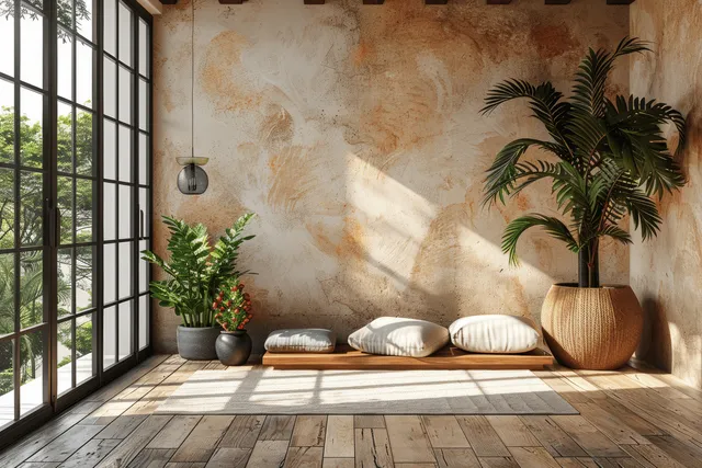 Sunlit minimal room interior with beige walls, wooden floor, black window frames, and a large corner plant.