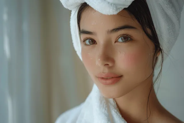 Asian woman with towel over head gently smiling after washing, close-up spa portrait