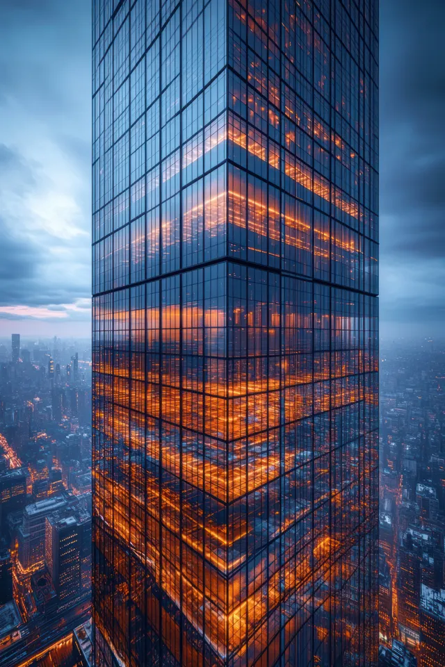 A tall glass skyscraper at dusk glows with warm window lights and reflects the city skyline in its facade.