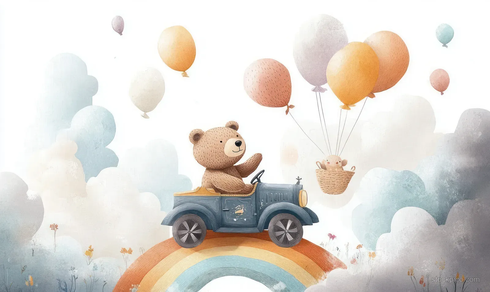 A teddy bear drives a vintage car over a rainbow in a whimsical mountain scene filled with clouds and balloons.