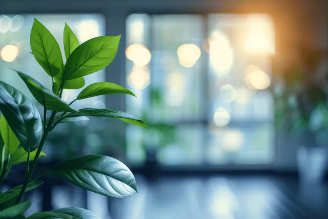 Green office plant in soft-focus foreground beside panoramic windows with blurred lights
