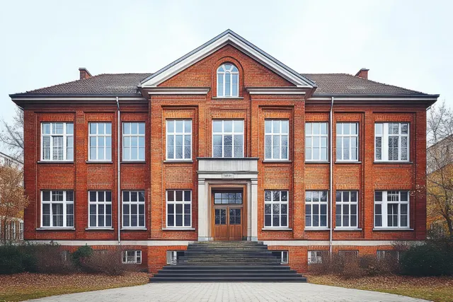 Symmetrical red brick building facade with white window frames and central entrance, peaked roof, under cloudy autumn sky.