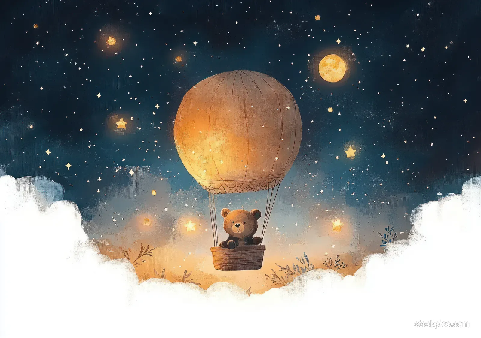 A teddy bear sits in a glowing hot air balloon above clouds under a starry sky with moons.