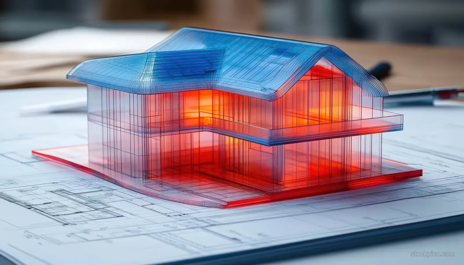 Transparent two-story house model with blue roof and red glowing interior placed on blue architectural blueprints.