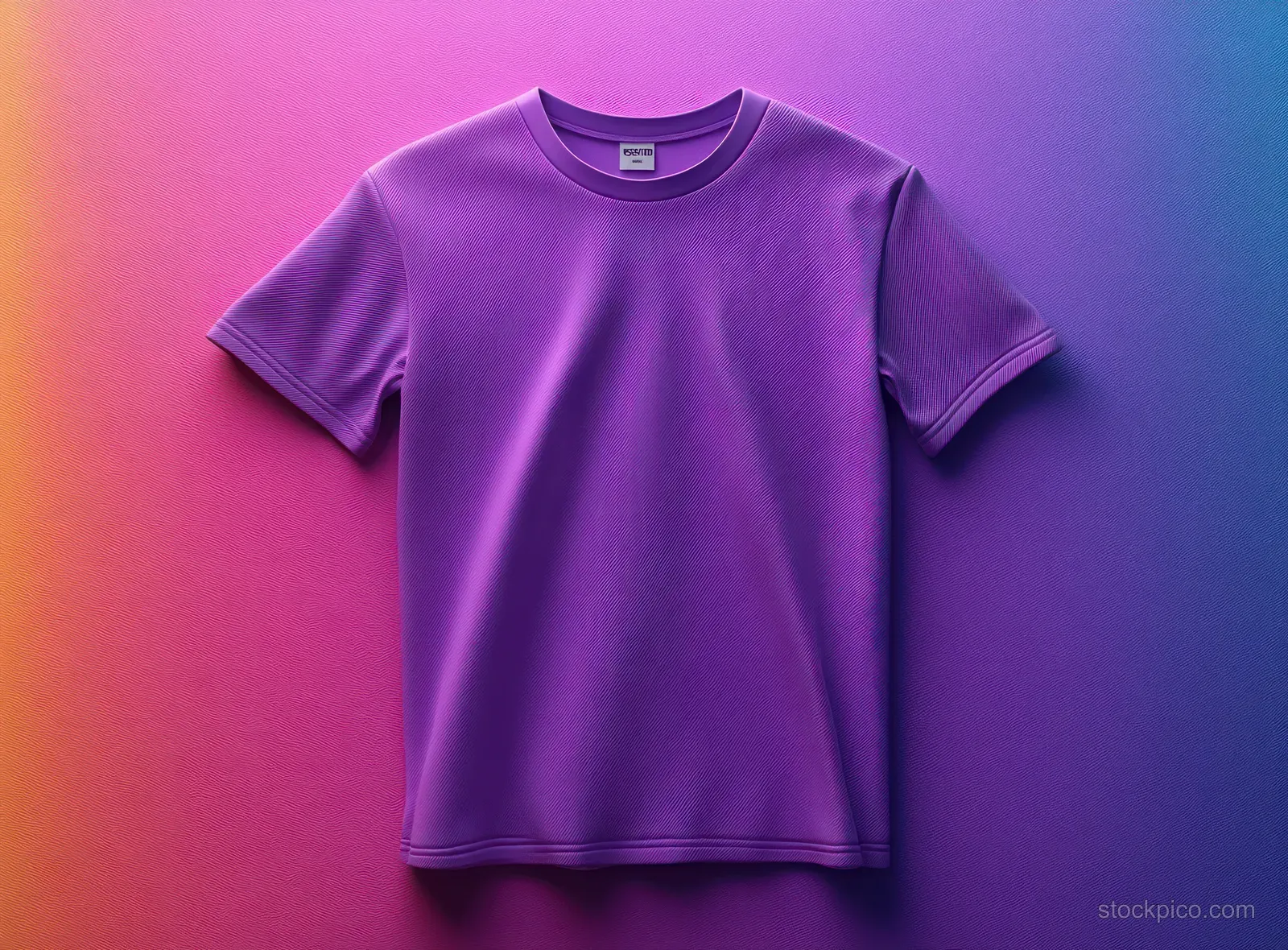Purple round-neck short-sleeve athletic t-shirt lying flat on a pink-to-blue gradient background.