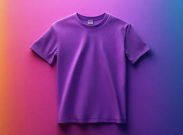 Purple round-neck short-sleeve athletic t-shirt lying flat on a pink-to-blue gradient background.