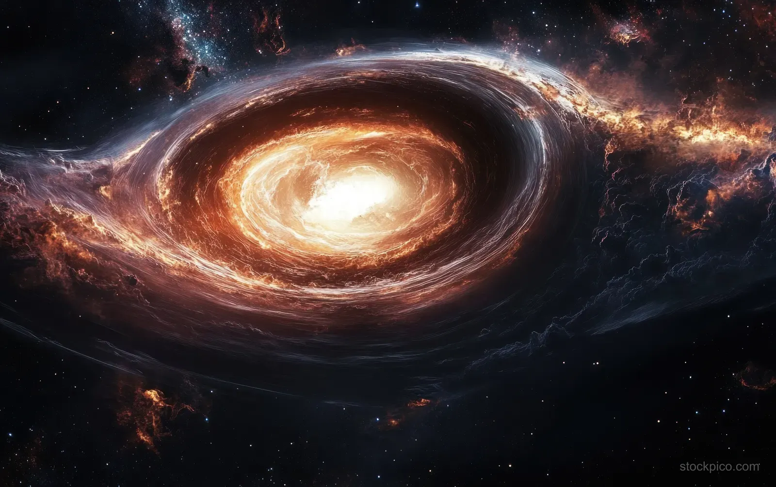 A glowing black hole with an accretion disk pulls in swirling nebula gas and dust in deep space.