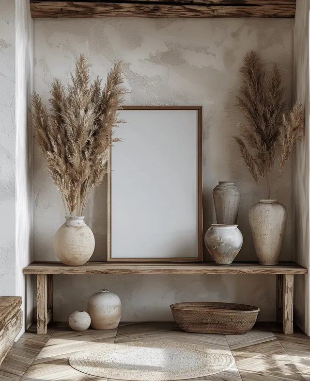 Minimalist wooden shelves display dried pampas grass in ceramic vases and a blank framed poster against a neutral wall.