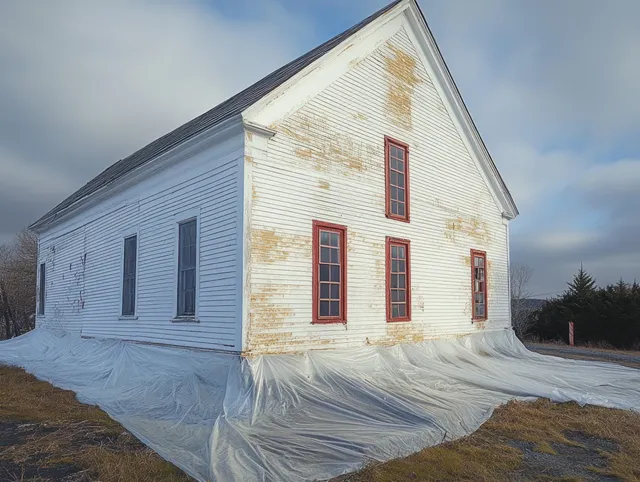 Old white wooden house with peeling paint wrapped at the base in clear plastic sheeting beneath a cloudy sky.