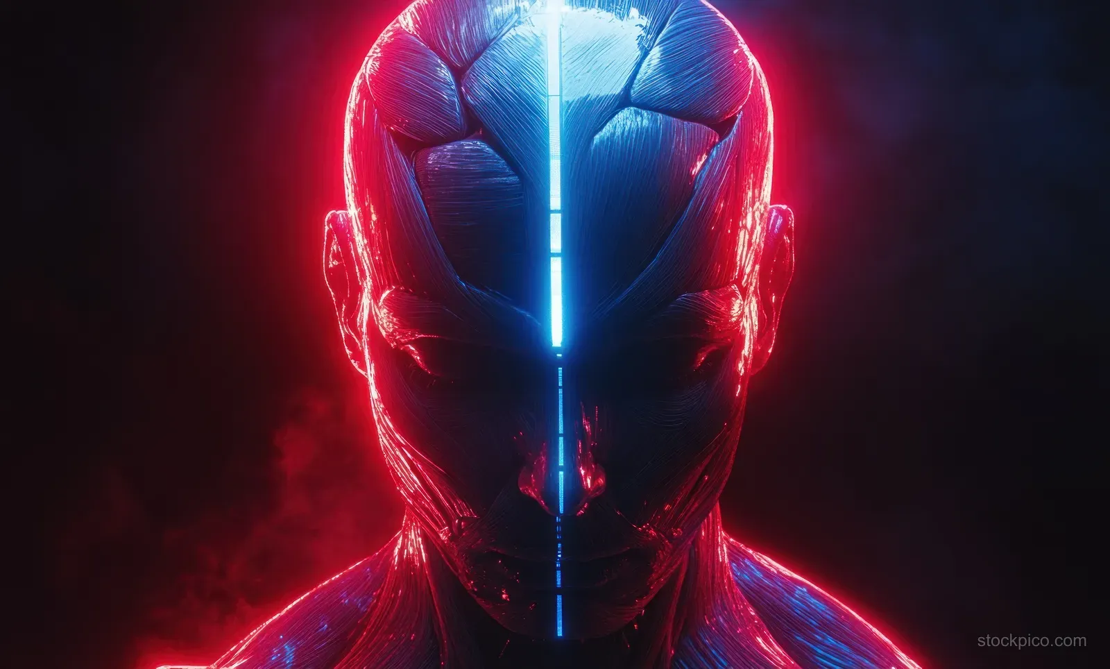 A glowing neon anatomical illustration shows the shoulder and scapula musculature with highlighted bone structures.