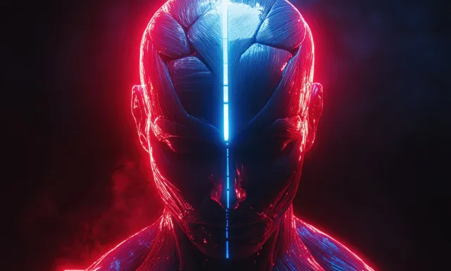 Neon blue and red anatomical illustration of shoulder and scapula musculature