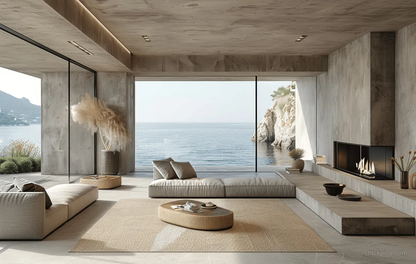 Beige minimalist living room with concrete walls, lit fireplace, and large windows overlooking the ocean.