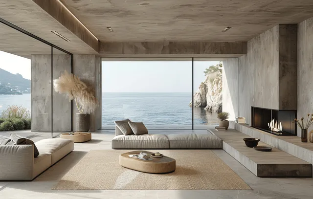 Beige minimalist living room with concrete walls, lit fireplace, and large windows overlooking the ocean.