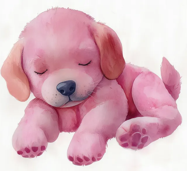 A pink puppy sleeping on its side with closed eyes and relaxed paws in a soft watercolor style.