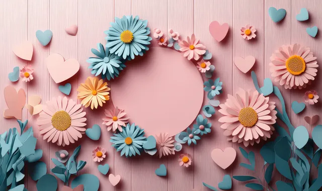 Paper-cut blue and pink flowers with small hearts frame an empty circular space on pastel wood.