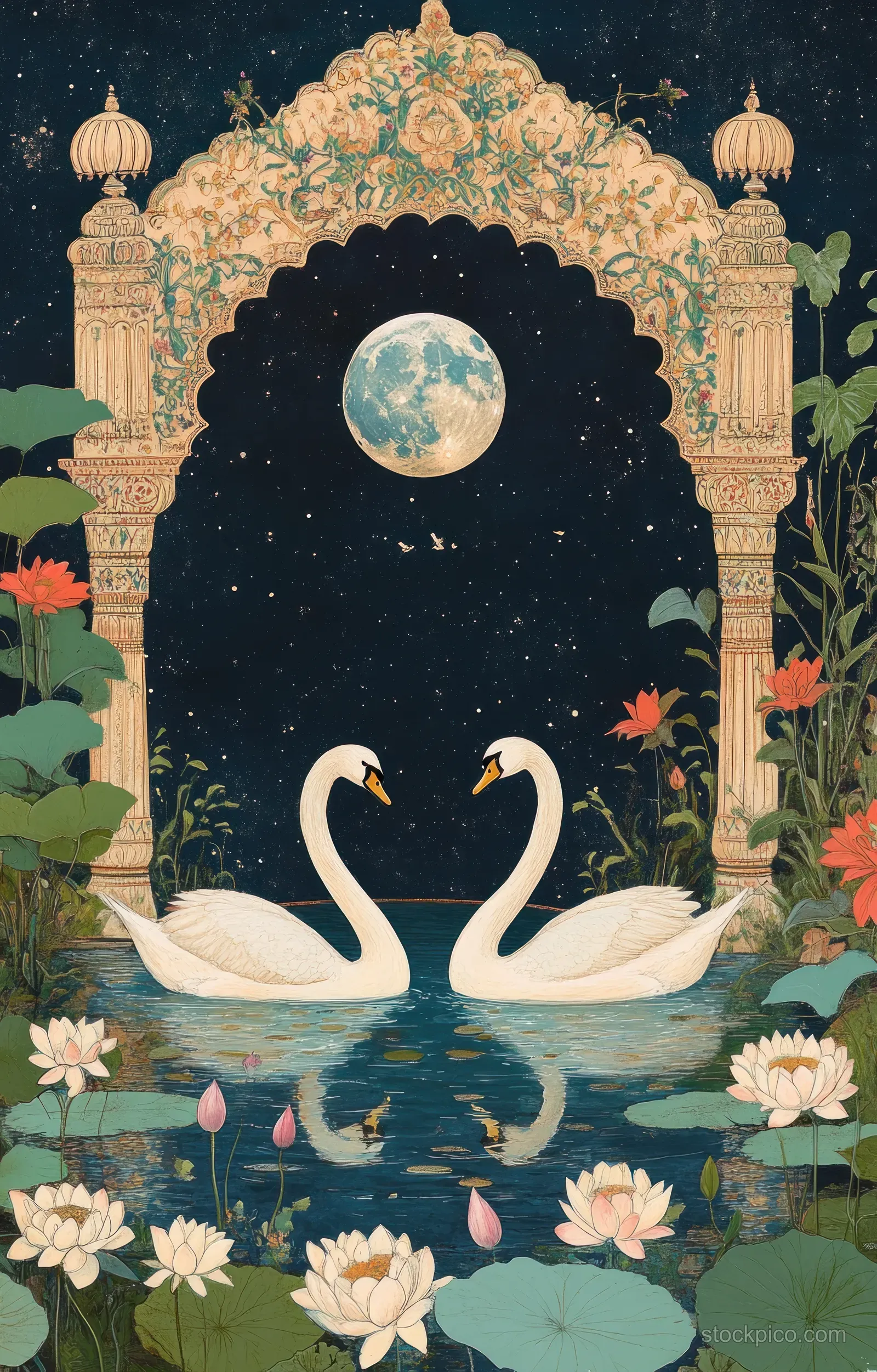 Two swans float on a moonlit lily pond with water lilies and lotus flowers beneath ornate garden arches.