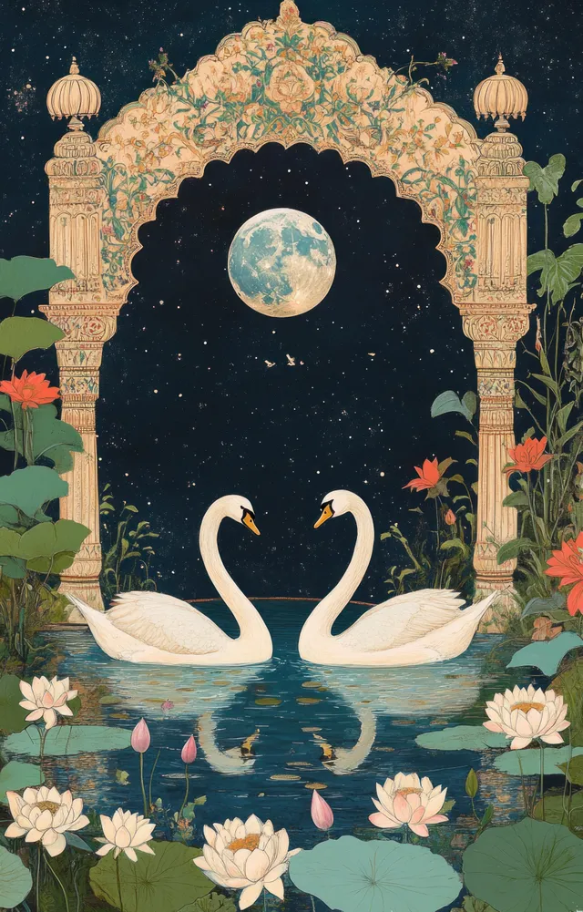 Two swans float on a moonlit lily pond with water lilies and lotus flowers beneath ornate garden arches.