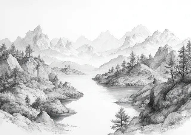 Black ink mountain landscape with a winding river, misty peaks, and sparse trees in sumi-e style.