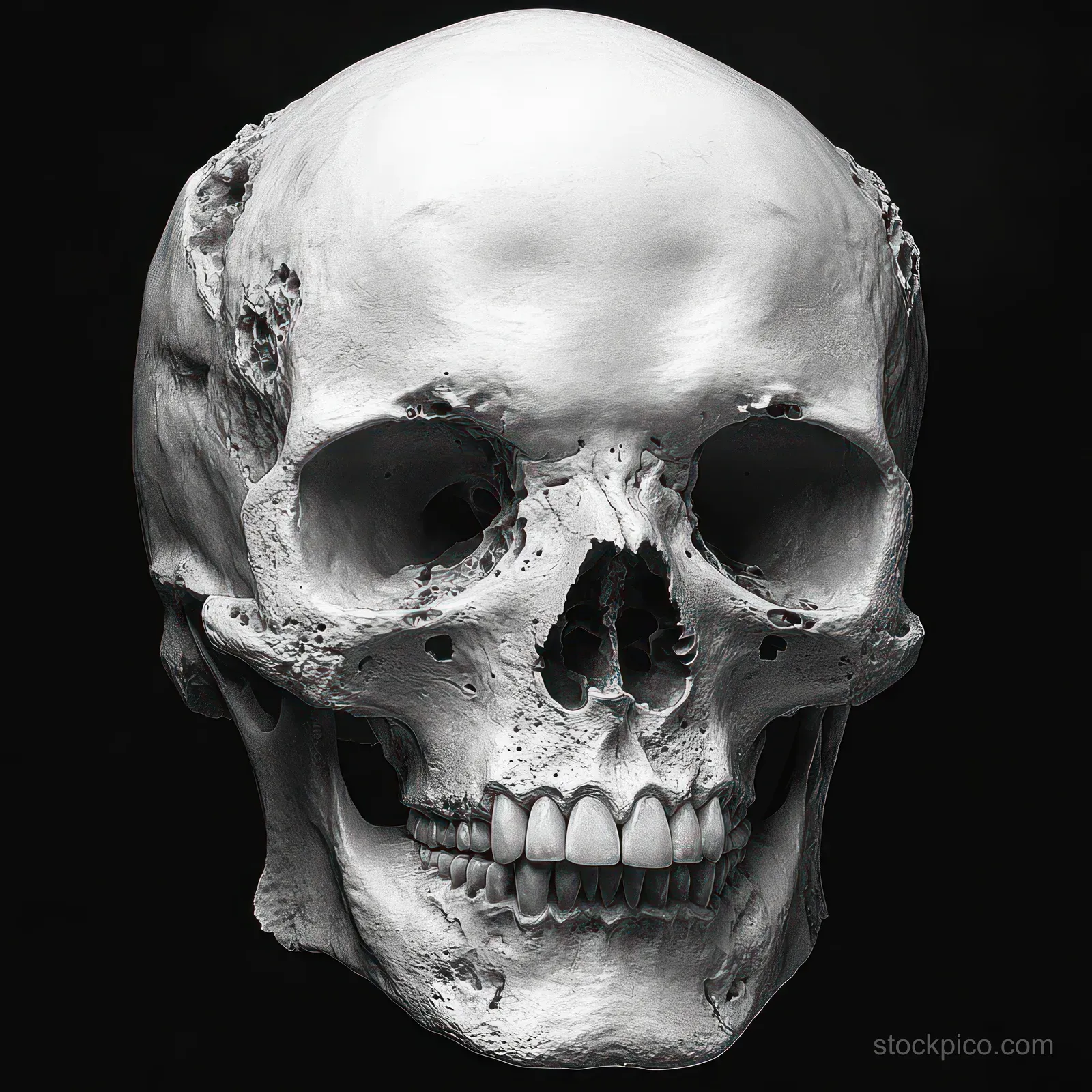 A worn human skull close-up on a black background, showing cracked bone texture and hollow eye sockets.