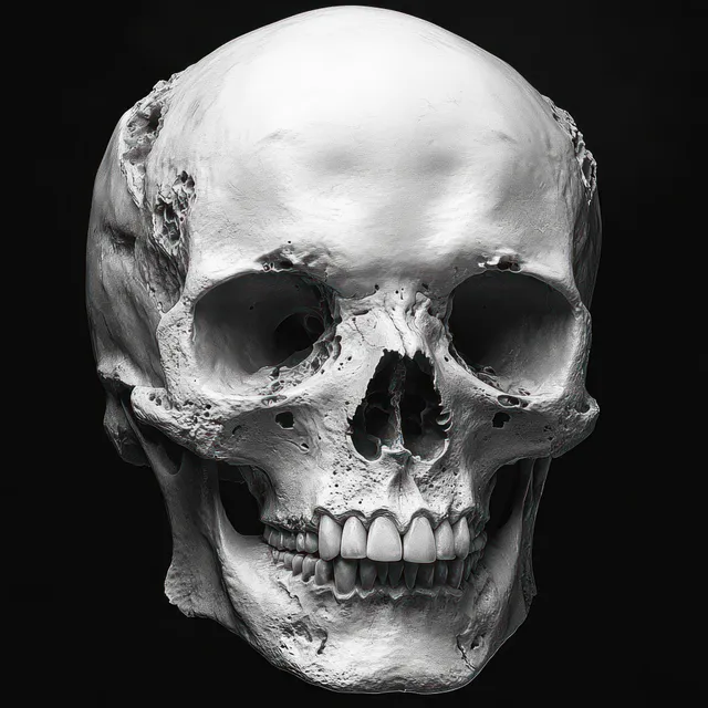 A worn human skull close-up on a black background, showing cracked bone texture and hollow eye sockets.