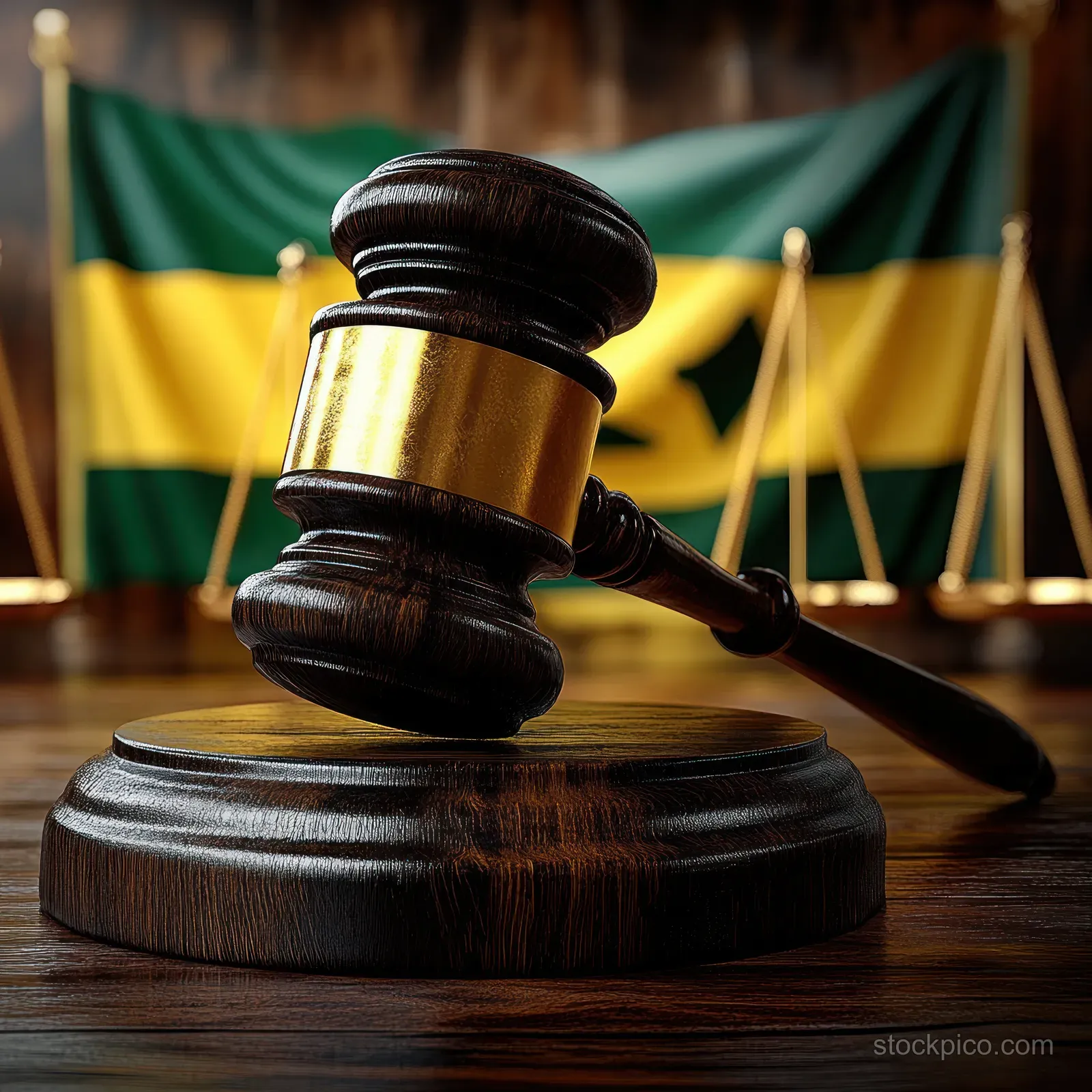 Wooden judge’s gavel with golden band sits on a sound block with a blurred flag in the background.