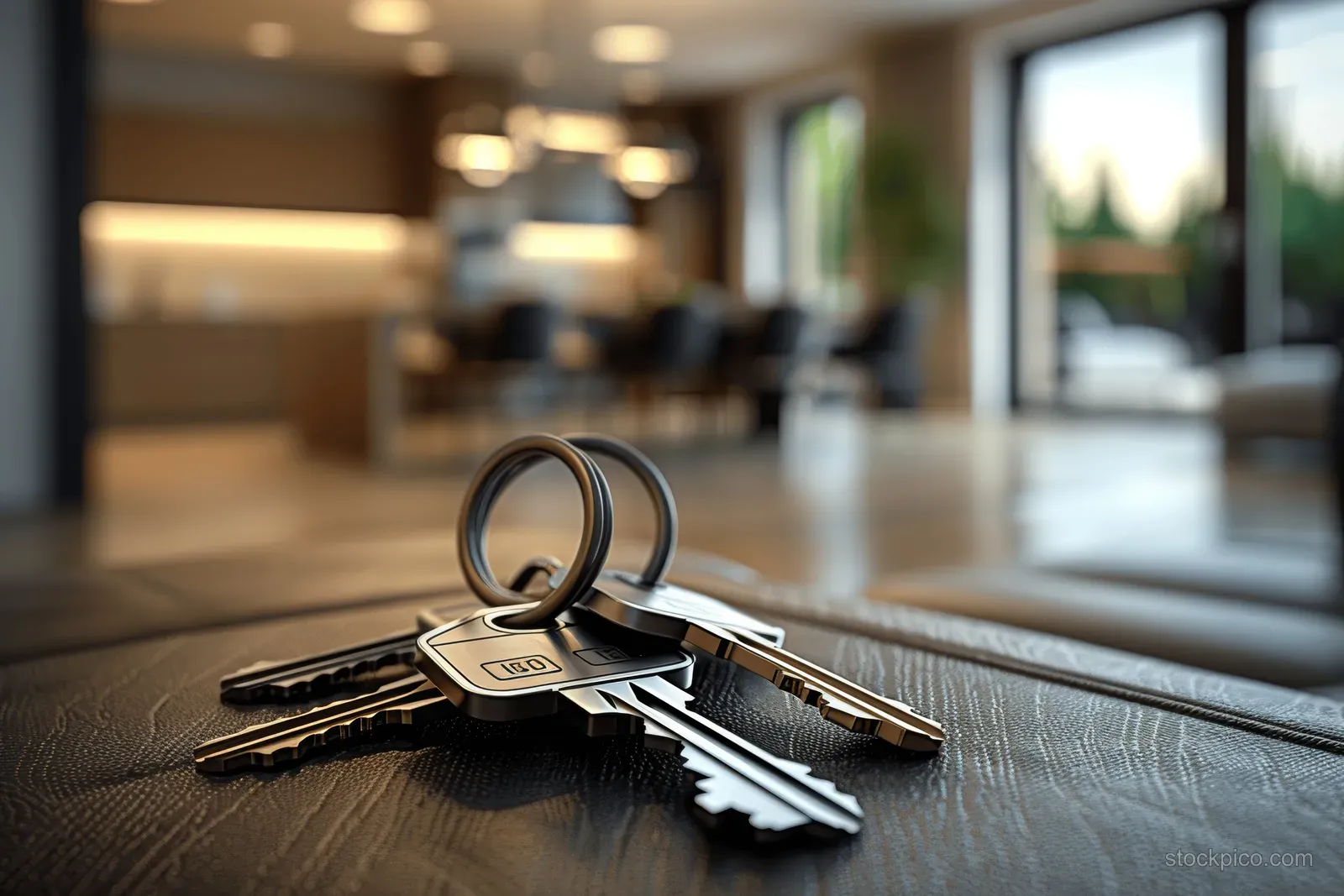 Apartment keys on a table in a bright interior beside a window, with a blurred living room background.