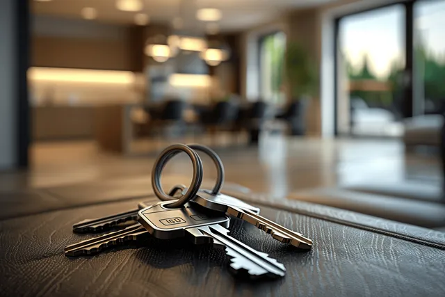 Apartment keys on a table in a bright interior beside a window, with a blurred living room background.