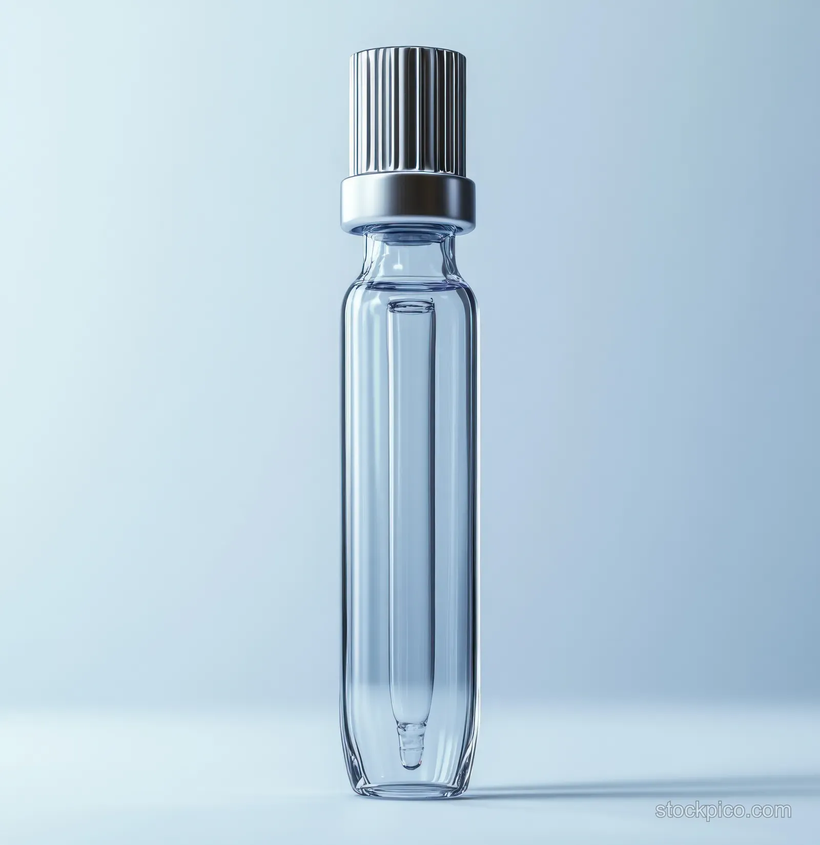 A clear glass ampoule with microbubbles stands upright on a sterile white lab background.