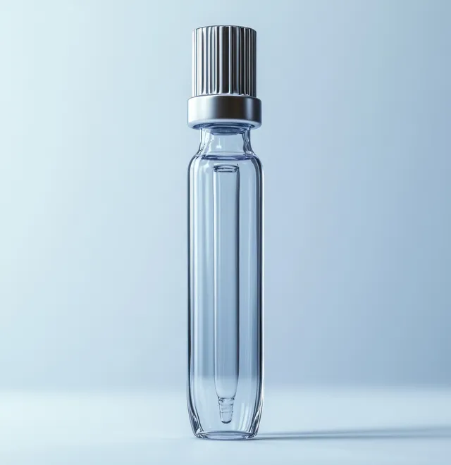 Clear glass ampoule with microbubbles and barcode cap on sterile white lab background