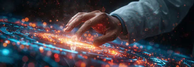 A robotic hand reaches toward a glowing holographic medical interface in a dark futuristic hospital scene.
