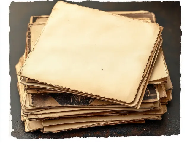 A stack of aged sepia photos with scalloped edges arranged on a rustic textured surface.