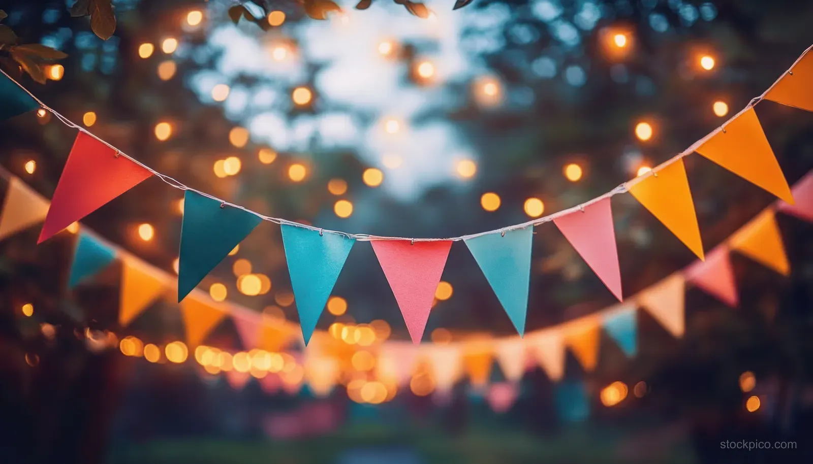 Colorful triangular bunting flags hang outdoors with warm string lights and blurred bokeh lights behind them.