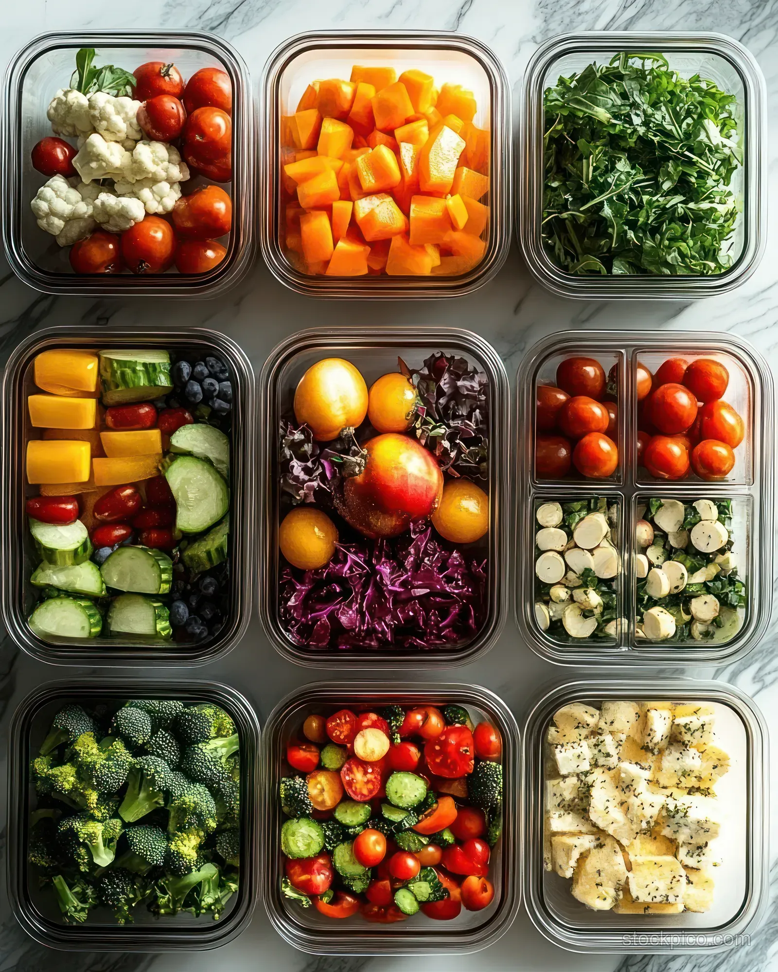 Overhead view of neatly portioned fresh fruits and vegetables in clear glass containers on light marble.
