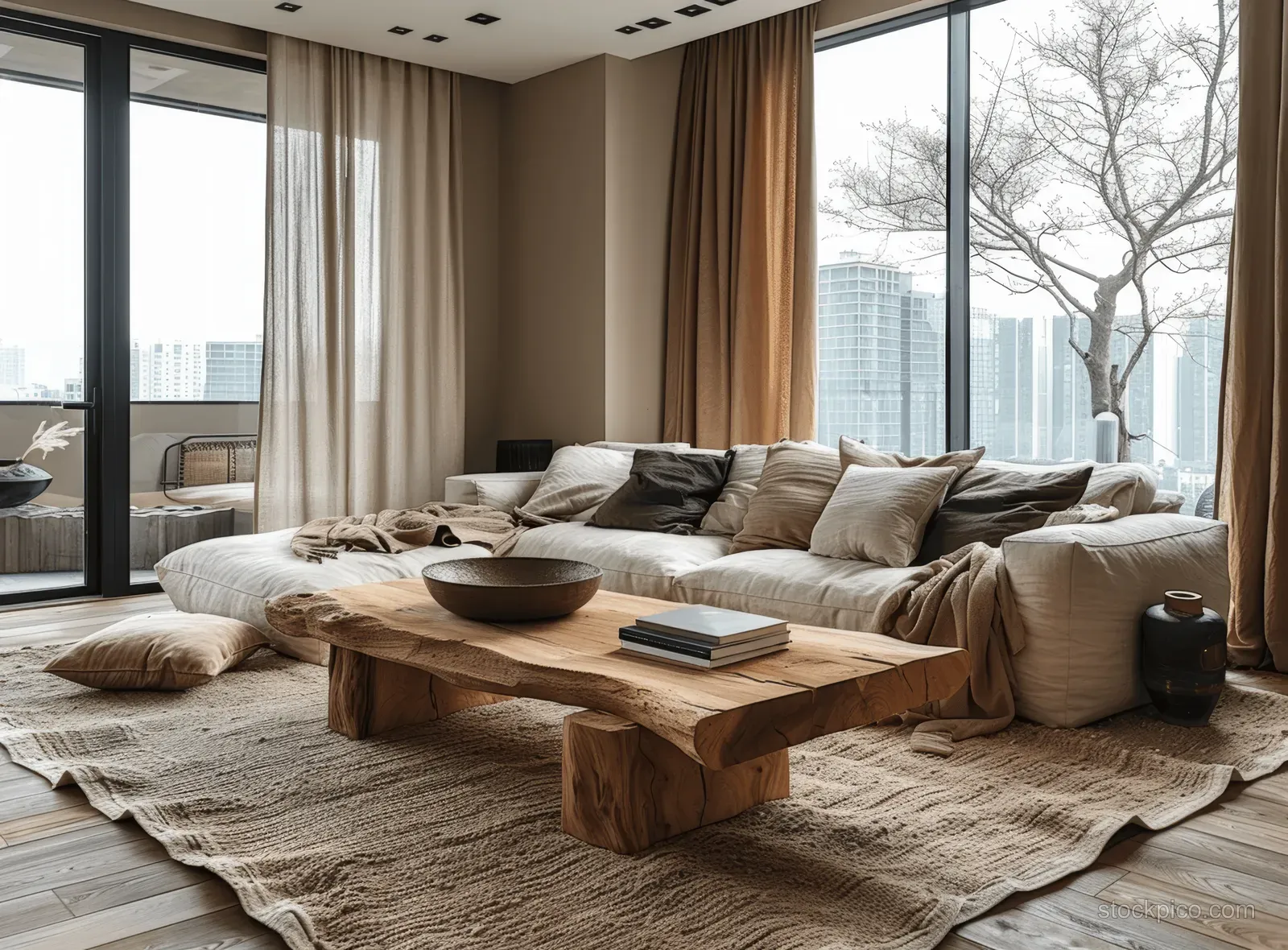 Beige sofa and wooden coffee table in a Japandi living room with neutral curtains, rug, and daylight from large windows.