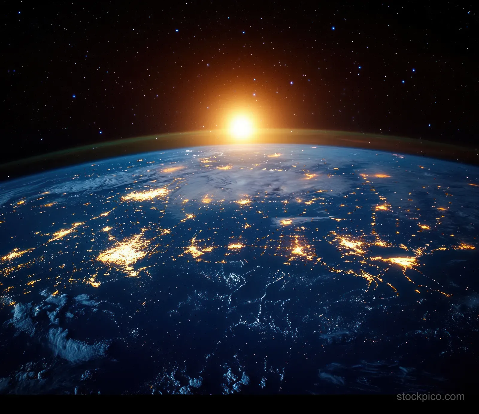 Earth seen from space at night with city lights and a sunrise rim lighting the atmosphere behind stars.