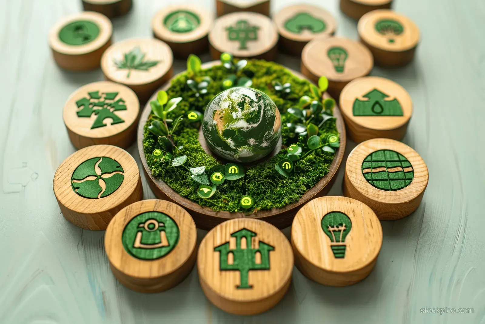 Earth globe surrounded by wooden sustainability icons on a teal tabletop with circular economy theme.