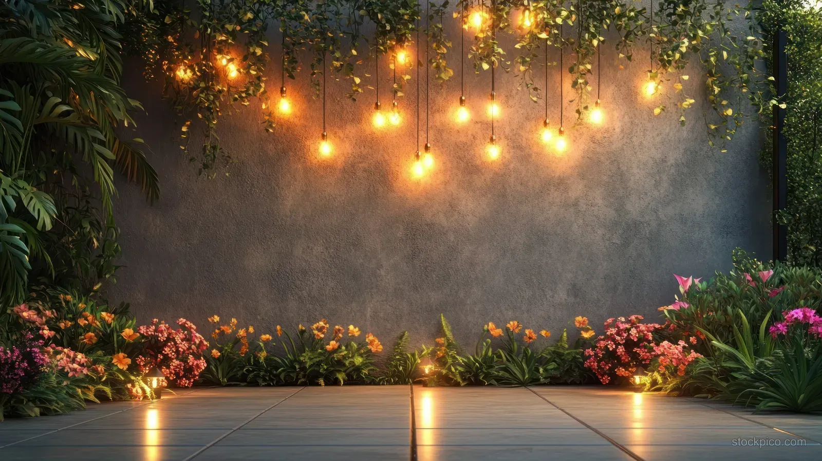 Warm hanging string lights illuminate an outdoor patio with blooming flowers and lush green plants.