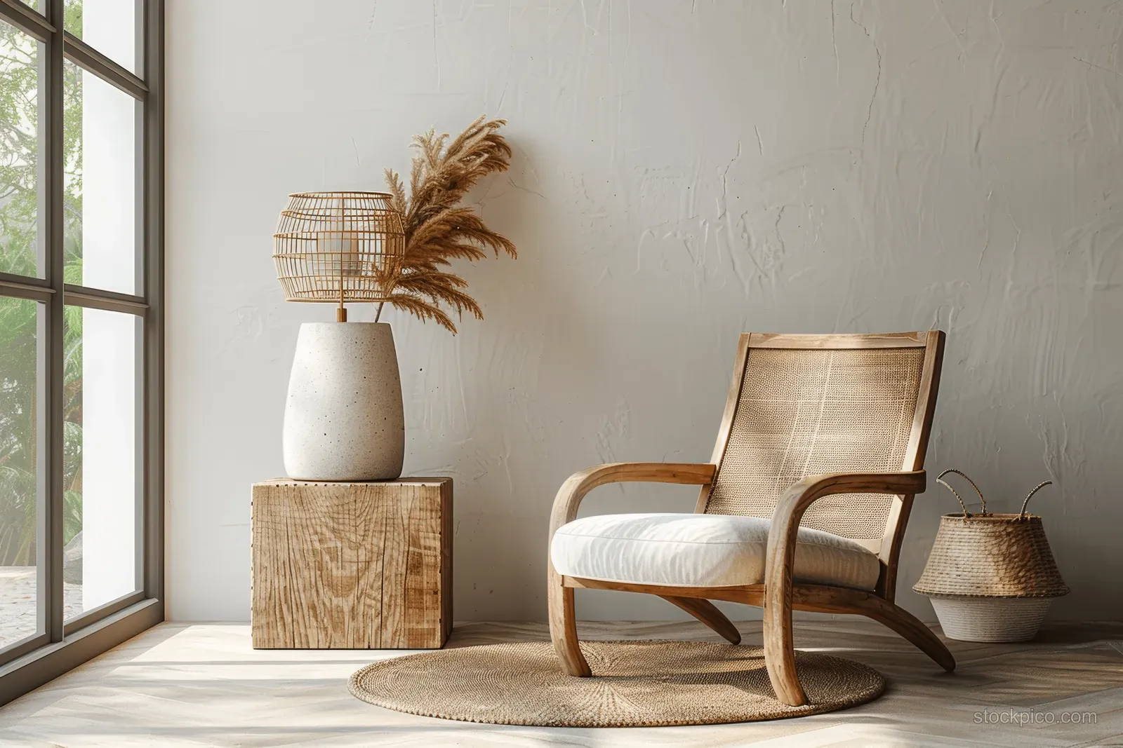 Beige wicker armchair and white concrete-style lamp with woven decor in a bright Scandinavian living room.