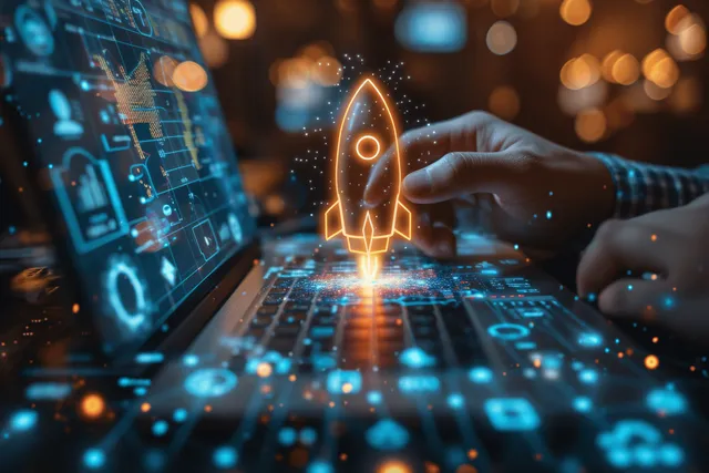 Rocket launch icon over laptop dashboard showing digital strategy growth metrics