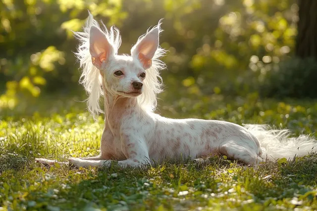 Chinese Crested dog lounging on sunlit green grass with airy crest hairs
