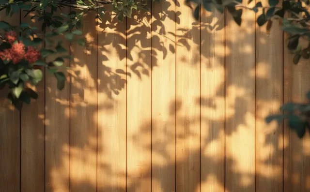 Soft sunlight casts leaf shadows across a rustic wooden fence in summer garden